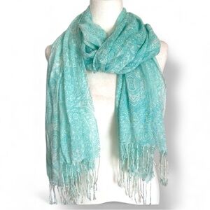 Anthropologie Tiffany Blue Teal Paisley Whimsical Bohemian Tassel Detail Scarf